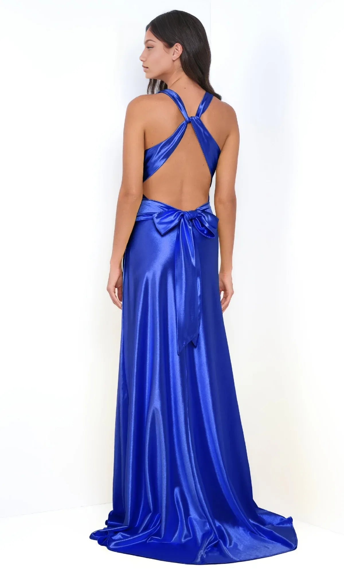 Weitese Dress Sleeveless V Neck Open Back Royal Blue Satin Sweep/Brush Train Long Prom Dress
